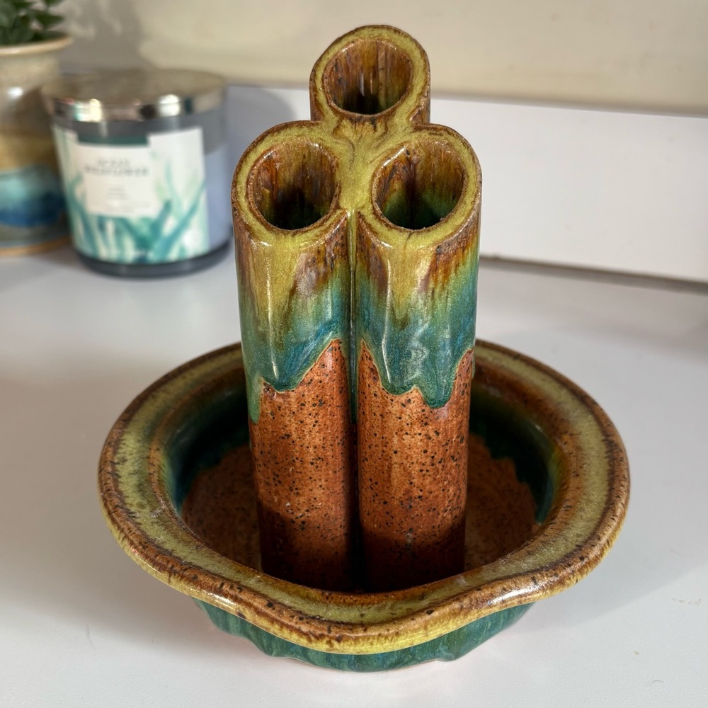 Artisan Ceramic Flower Holder with Green and Brown Accents